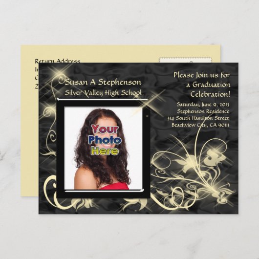 Black Sparkle Swirl Afstuderen aangekondigd Uitnodiging Briefkaart (Voorkant / Achterkant)