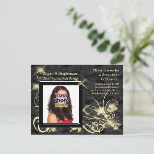 Black Sparkle Swirl Afstuderen aangekondigd Uitnodiging Briefkaart (Staand voorkant)