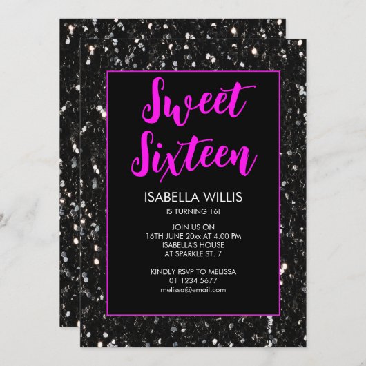 Black sparkles Sweet 16 neon roze elegant script Kaart (Voorkant / Achterkant)