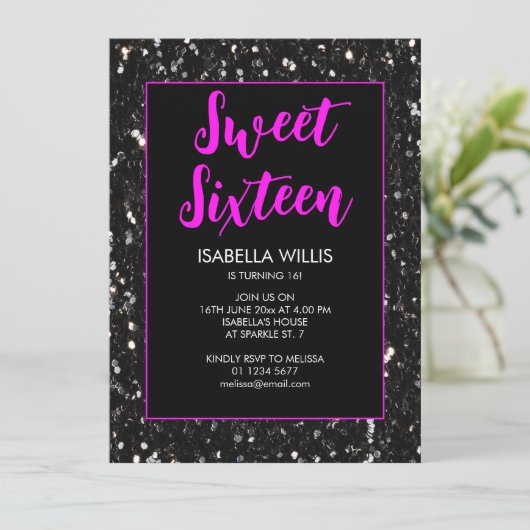 Black sparkles Sweet 16 neon roze elegant script Kaart (Staand voorkant)