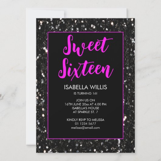 Black sparkles Sweet 16 neon roze elegant script Kaart (Voorkant)