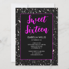 Black sparkles Sweet 16 neon roze elegant script Kaart