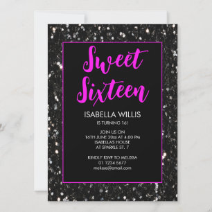Black sparkles Sweet 16 neon roze elegant script Kaart