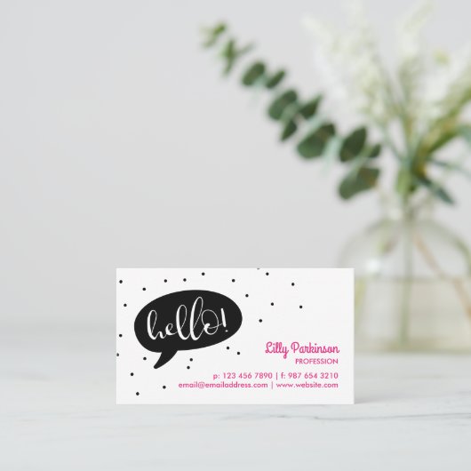 Black Speech Bubble & Confetti Hallo! Visitekaartje (Staand voorkant)