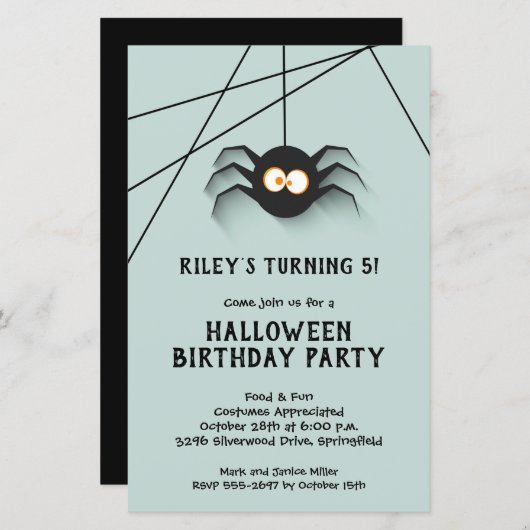 Black Spider Kinder Halloween Birthday-uitnodiging (Voorkant / Achterkant)