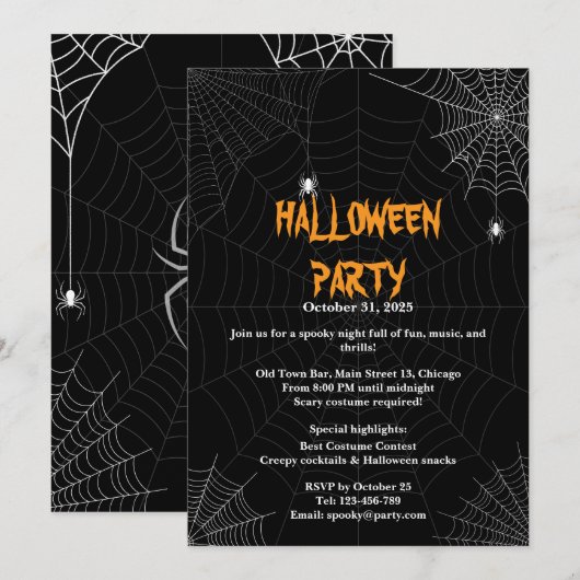 Black Spider Web Typografie Halloween Party Kaart (Voorkant / Achterkant)