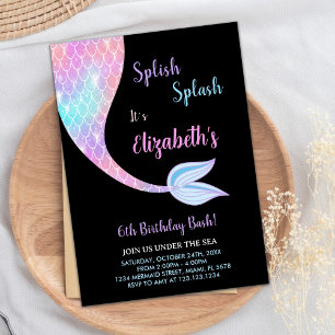 Black Splash Splish Mermaid Verjaardag Uitnodiging