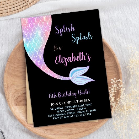 Black Splash Splish Mermaid Verjaardag Uitnodiging