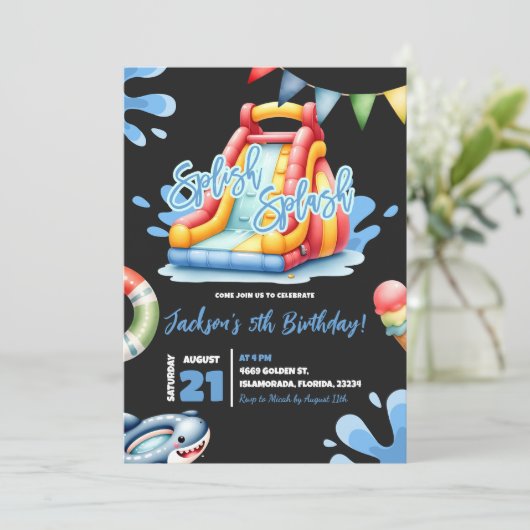Black Splish Splash Summer Pool Party Verjaardag Kaart (Staand voorkant)