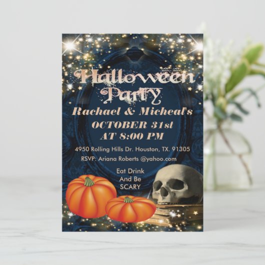 Black Spooky volwassen schedel Halloween uitnodigi Kaart (Staand voorkant)