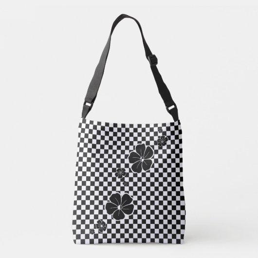 Black Spring Flowers Checkered Cross Body Canvas t Crossbody Tas (Achterkant)