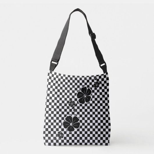 Black Spring Flowers Checkered Cross Body Canvas t Crossbody Tas (Voorkant)