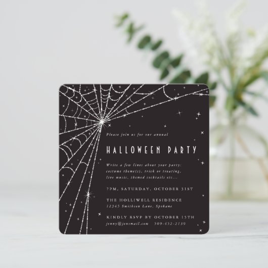 Black Square Diamond Spider Web Halloween Party Kaart (Staand voorkant)