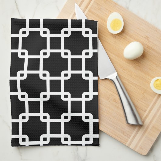Black Square Link Pattern Kitchen Towel Theedoek (Quarter Fold)