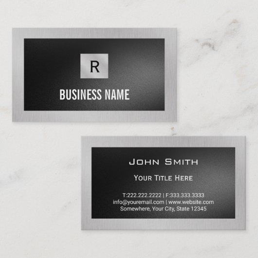 Black Square Monogram Silver Metal Construction Visitekaartje (Voorkant / Achterkant)