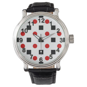 Black Squares Red Polka Dots Pattern White BG Horloge