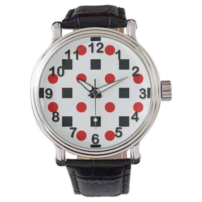 Black Squares Red Polka Dots Pattern White BG Horloge (Voorkant)