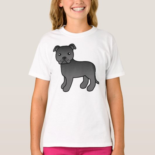 Black Staffordshire Bull Terrier Cartoon Dog T-shirt (Voorkant)
