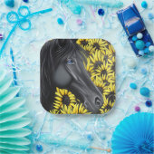 Black Stallion Horse and Sunflowers Papieren Bordje (Feest)