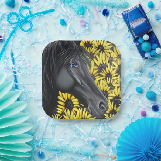 Black Stallion Horse and Sunflowers Papieren Bordje (Feest)