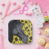 Black Stallion Horse and Sunflowers Papieren Bordje (Feest)