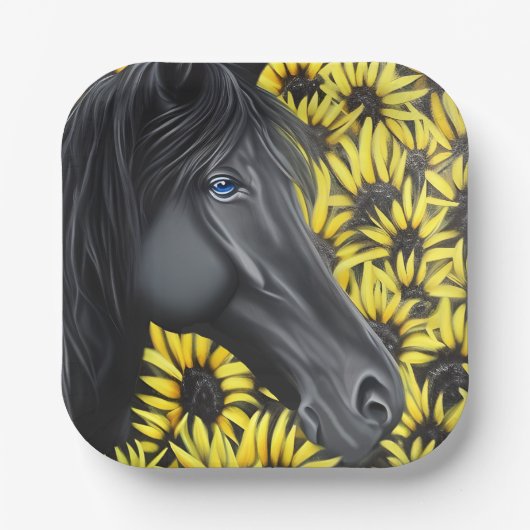 Black Stallion Horse and Sunflowers Papieren Bordje (Voorkant)