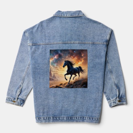 Black Stallion in Desert Nebula stars lightning Denim Jacket (Achterkant)