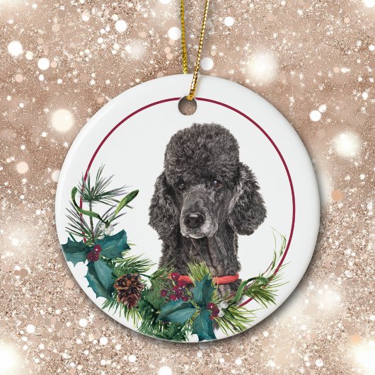 Black Standard Poodle Dog Evergreen Berry Wreath Keramisch Ornament