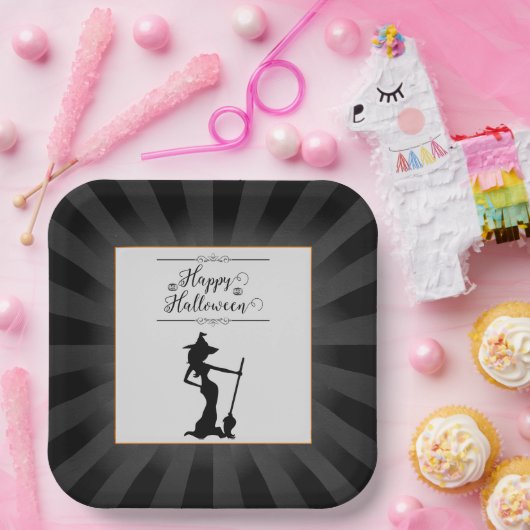 Black Starburst Witch Halloween Papieren Bordje (Feest)
