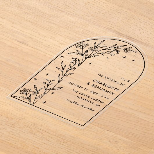 Black Starry Celestial Arch Botanische bruiloft Acryl Uitnodigingen (Laagn)