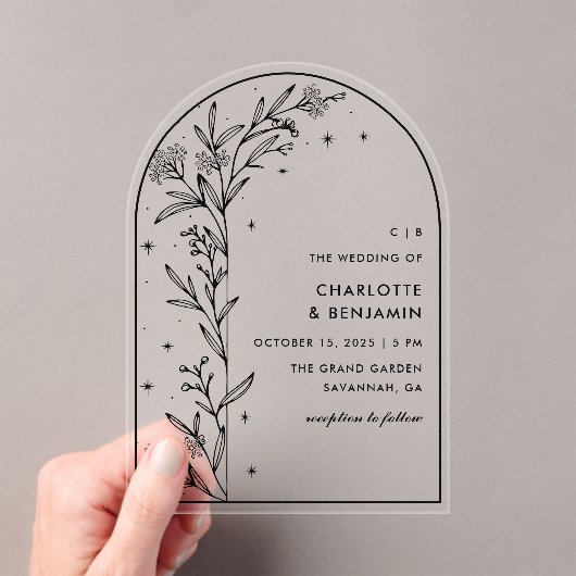 Black Starry Celestial Arch Botanische bruiloft Acryl Uitnodigingen (Insitu (Draagbaar))