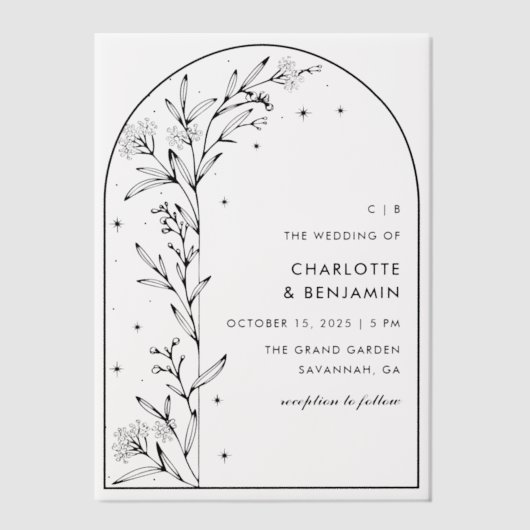 Black Starry Celestial Arch Botanische bruiloft Vellum Uitnodigingen (Voorkant)