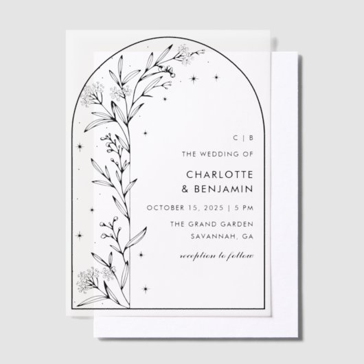 Black Starry Celestial Arch Botanische bruiloft Vellum Uitnodigingen (Offset)