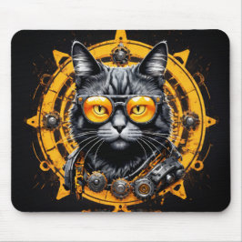 Black steampunk cat with orange glasses muismat