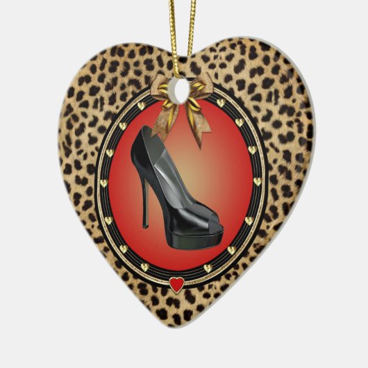 Black Stiletto Cheetah Heart Ornament (Links)