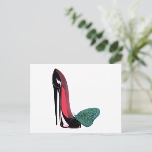 Black Stiletto Shoe and Butterfly Briefkaart (Staand voorkant)