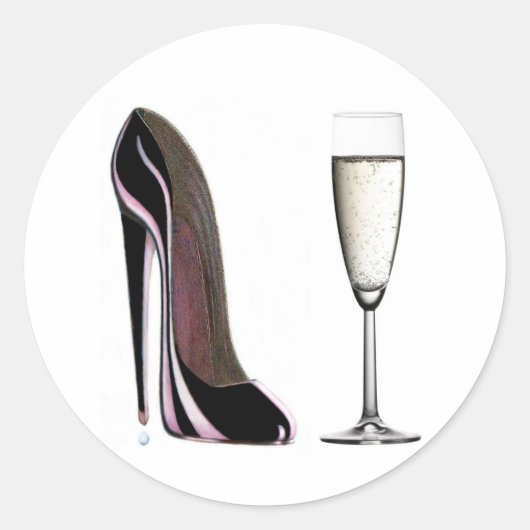 Black Stiletto Shoe en Champagne Glass Ronde Sticker (Voorkant)