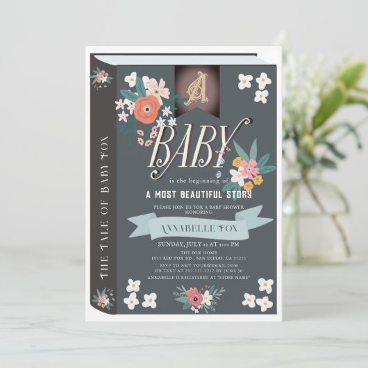 Black Storybook Floral Girl Baby shower Kaart (Staand voorkant)