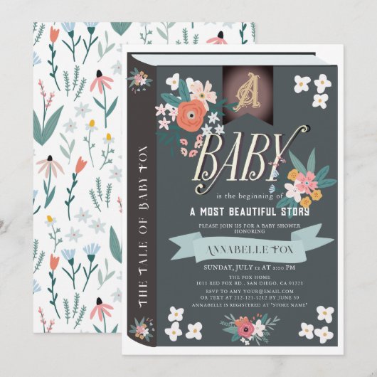 Black Storybook Floral Girl Baby shower Kaart (Voorkant / Achterkant)