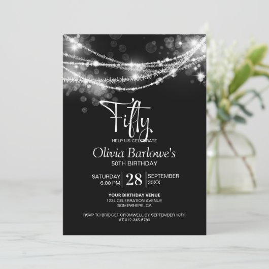 Black String Lights 50ste verjaardagsfeest Kaart (Staand voorkant)