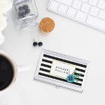 Black Stripe & Blue Flower Business Card Holder Visitekaarthouder<br><div class="desc">De moderne florale houder van het visitekaartje is voorzien van zwarte en witte strepen met een blauwe waterverf pansy bloem en jouw naam of monogram in faux gold effect. Overeenkomende visitekaartjes en accessoires in onze winkel.</div>