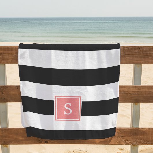 Black Stripe & Coral Monogram Strandlaken