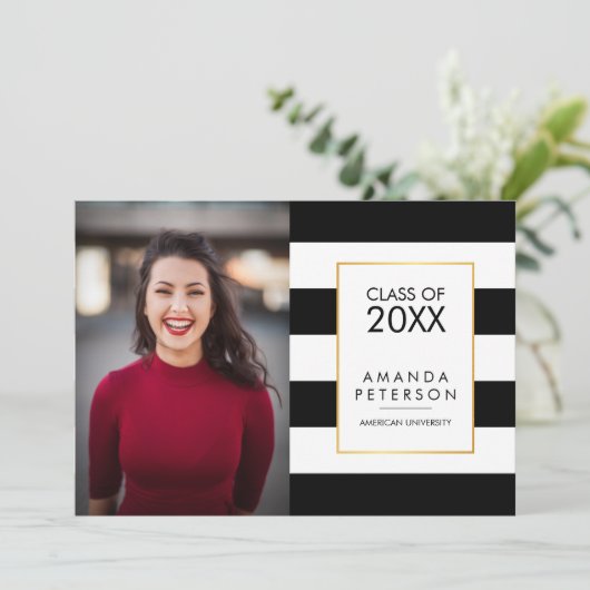 Black Stripe Faux Gold lijst Afstuderen Kaart (Staand voorkant)