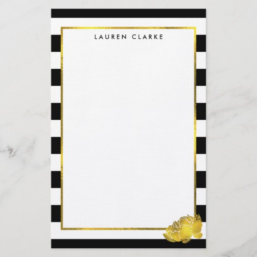 Black Stripe & Faux Gold Peony persoonlijk Briefpapier (Voorkant)