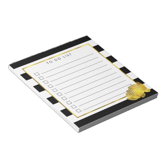 Black Stripe & Faux Gold Peony to Do List Notitieblok (Schuin)