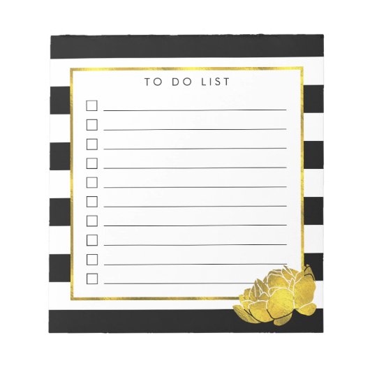 Black Stripe & Faux Gold Peony to Do List Notitieblok (Voorkant)