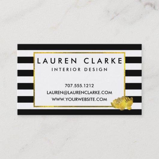 Black Stripe & Faux Gold Peony Visitekaartje (Voorkant)