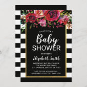 Black Stripe Floral Baby shower Invitation Kaart (Voorkant / Achterkant)
