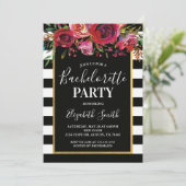 Black Stripe Floral BacheloretteParty Invitation Kaart (Staand voorkant)