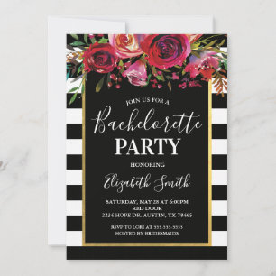 Black Stripe Floral BacheloretteParty Invitation Kaart